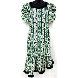 Almost Paradis Women Dress Large Aloha Green Tropical Floral Puff Sleeve Ruffle